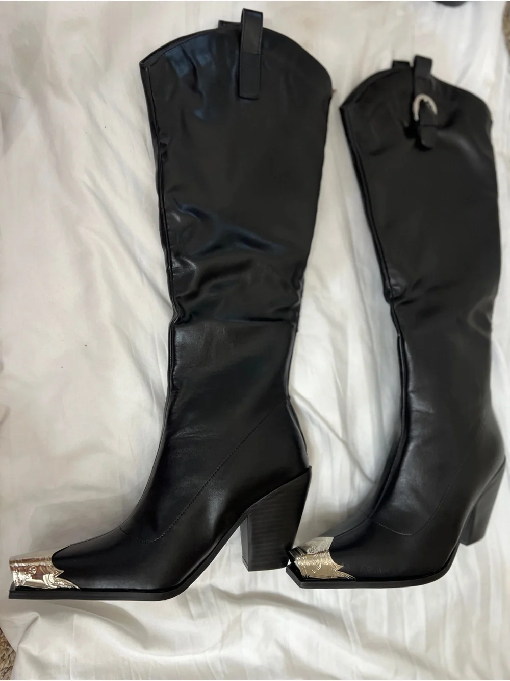 Fashion Nova Smokey Black Knee High Cowboy Boots Western Silver Toe Cap Size 8